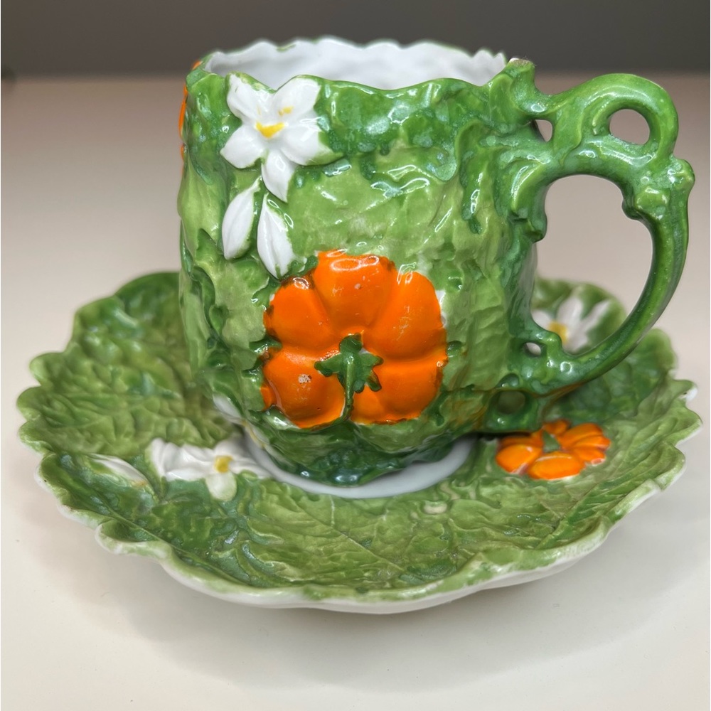 Rare Ernst Wahliss Majolica Vienna Demitasse Cup and Saucer- Tomato Pattern